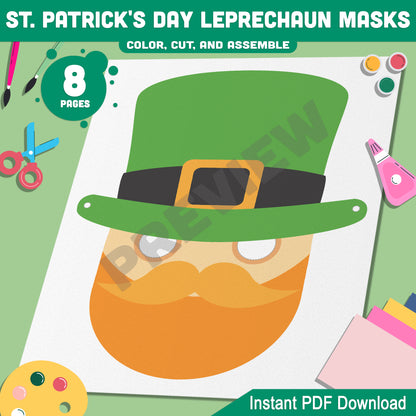 St. Patrick's Day Craft for Kids: Leprechaun Mask Templates with 4 Festive Designs to Color, Cut, and Assemble, Instant Download, PDF File