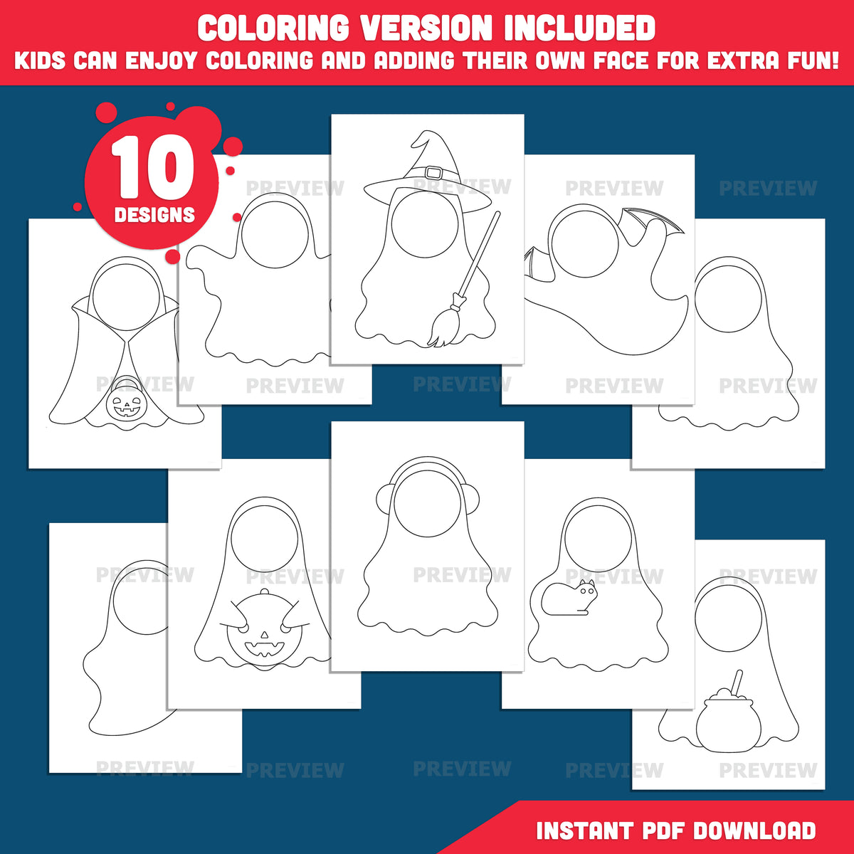 Ghost Templates, Halloween Craft for Kids, Add Your Own Face Activity, 10 Unique Designs, PDF + PNG Files, Coloring Version Included, 300 DPI, A4