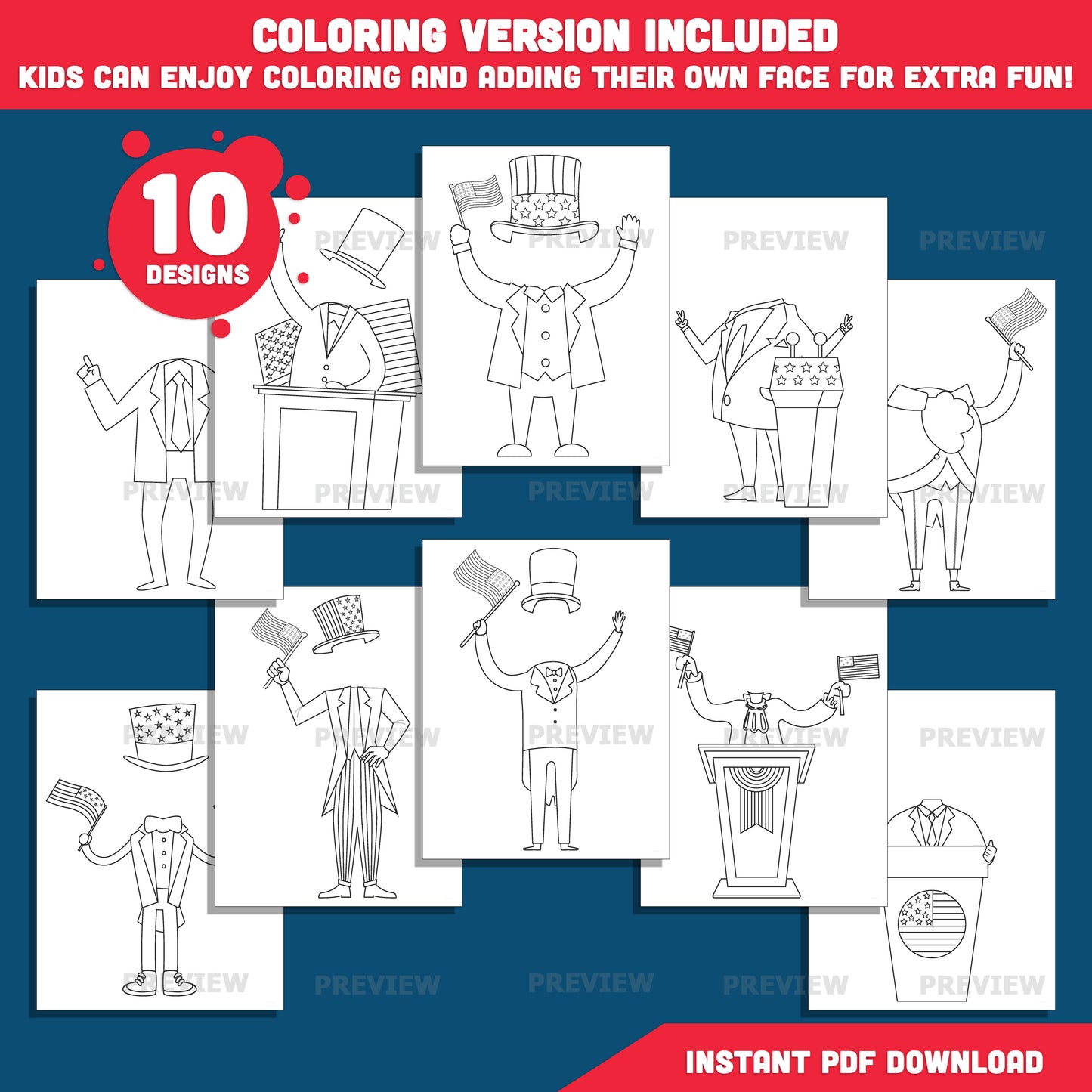 Presidents’ Day Add-Your-Own-Face Crafts, Let Kids Become Little Presidents, Hands-On Cut and Paste Craft, Coloring Version Included