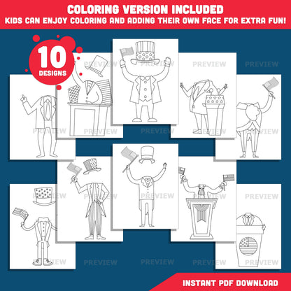 Presidents’ Day Add-Your-Own-Face Crafts, Let Kids Become Little Presidents, Hands-On Cut and Paste Craft, Coloring Version Included