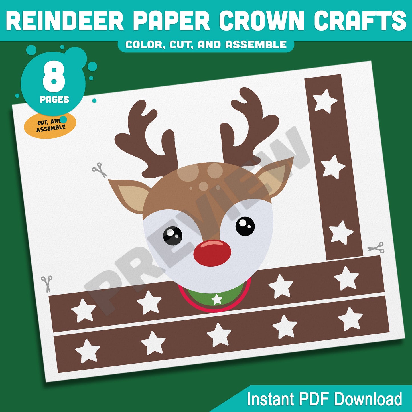 Printable Christmas Reindeer Paper Crown Crafts, Coloring Headband and Party Hat Activity, Winter Play Craft for Kids, 4 Designs, Pre-color + Black & White