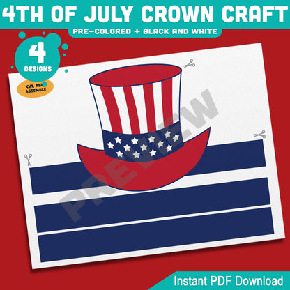 4th of July Crown Craft, Printable Holiday Headband Activity for Kids, Patriotic Coloring and Wearable Crown Templates
