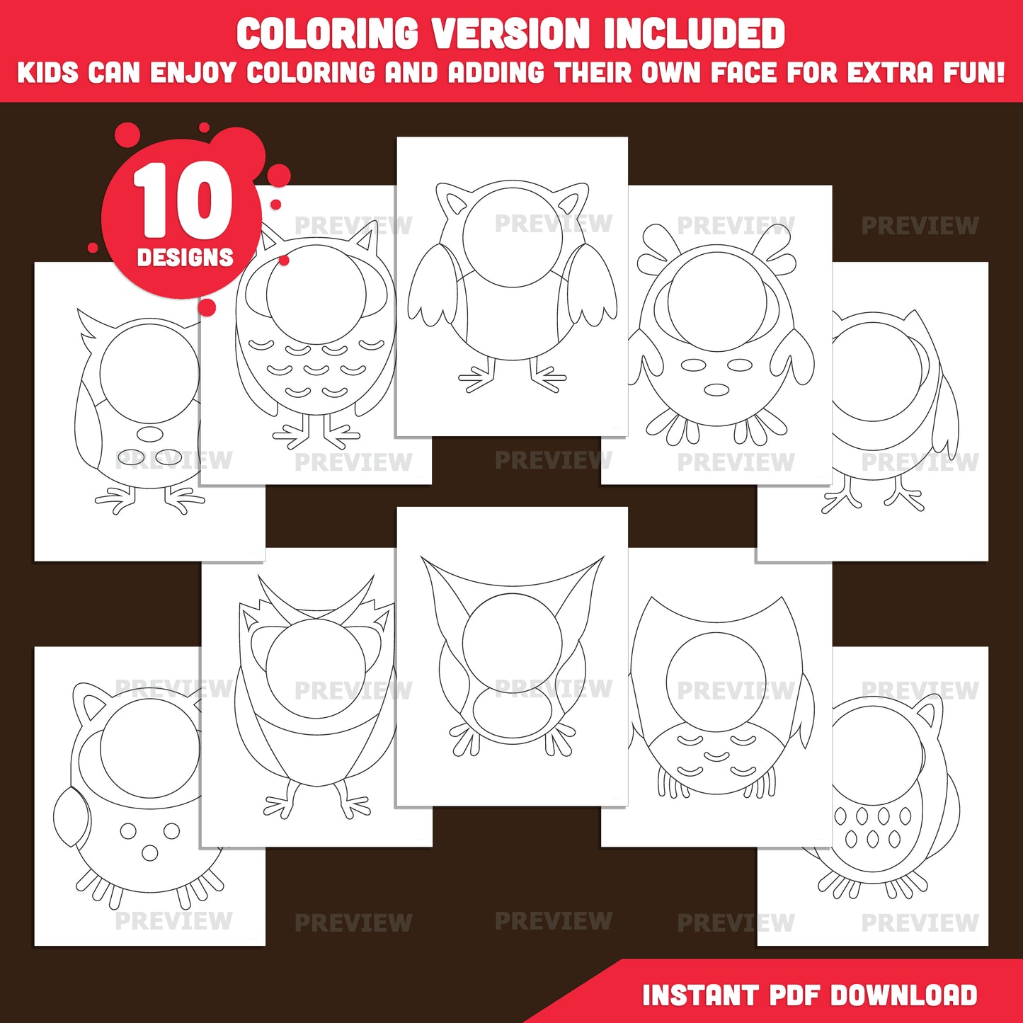 Owl Body Templates, Add Your Own Face Printable Craft, Personalized Owl Characters, 10 Printable Designs, PNG, US Letter, A4 PDF