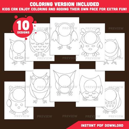 Owl Body Templates, Add Your Own Face Printable Craft, Personalized Owl Characters, 10 Printable Designs, PNG, US Letter, A4 PDF