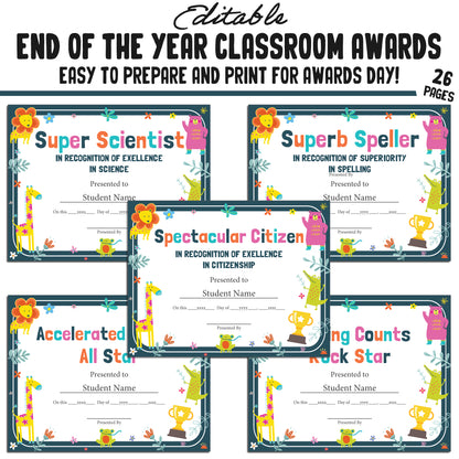 Printable & Editable Class Superlative Fun Classroom Awards for the End of the School Year, 26 Pages, PDF, Instant Download