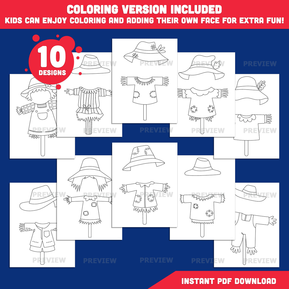 Scarecrow Body Templates, Autumn Add Your Own Face Craft, PDF + PNG Files, Coloring Version Included, Fall Classroom Activity, 10 Unique Designs