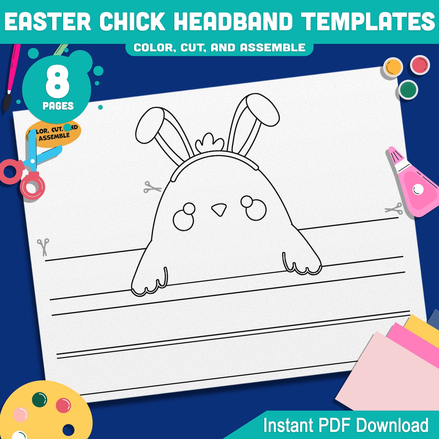 Easter Chick Headband Templates – Spring Paper Crown Printable, Holiday Hat Craft for Kids, Pre-color + Black & White, Cut & Assemble