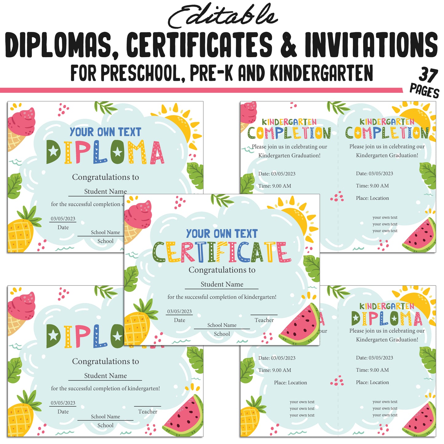 37 Customizable Pre-K Diplomas, Kindergarten, and Preschool Certificates, and Invitation Templates (PDF Files) - Instant Download