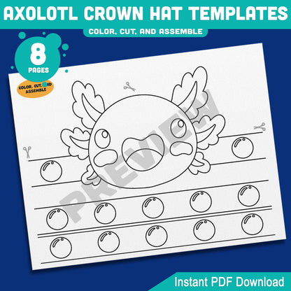 Axolotl Crown Hat Templates – 8 Fun Printable Headbands for Kids with Pre-Colored + Black & White Versions, Creative Craft PDF for Classroom