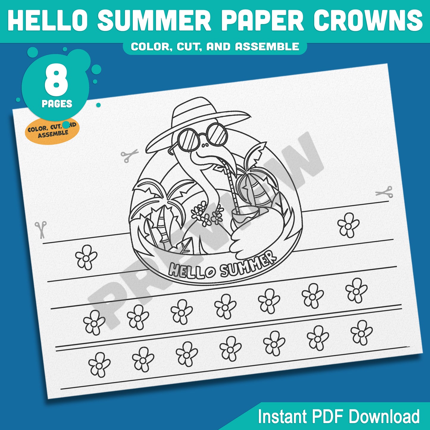 Hello Summer Paper Crown Craft for Kids – Beach Headbands in 4 Designs, Color and Black & White Printable Hats, Instant PDF, 8 Pages