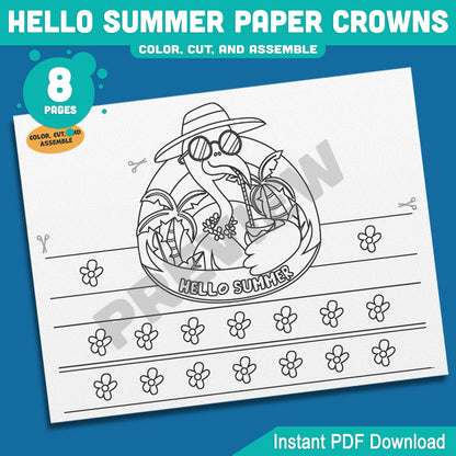 Hello Summer Paper Crown Craft for Kids – Beach Headbands in 4 Designs, Color and Black & White Printable Hats, Instant PDF, 8 Pages