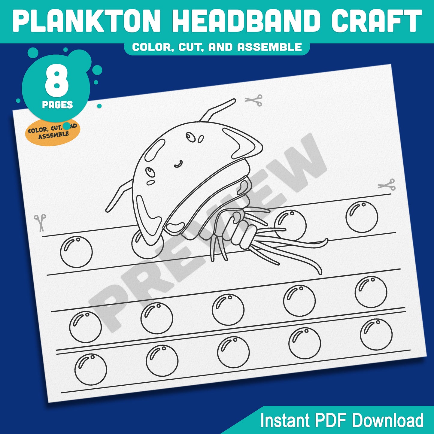 Plankton Headband Craft Under the Sea Paper Hat Activity, Pre-color + Black and White