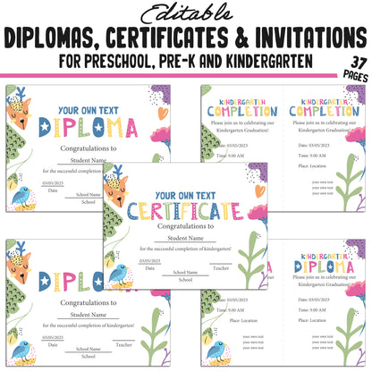 Preschool, Pre K, Kindergarten Graduation Certificates, Diplomas & Invitations, 37 Customizable PDF Pages, Instant Download