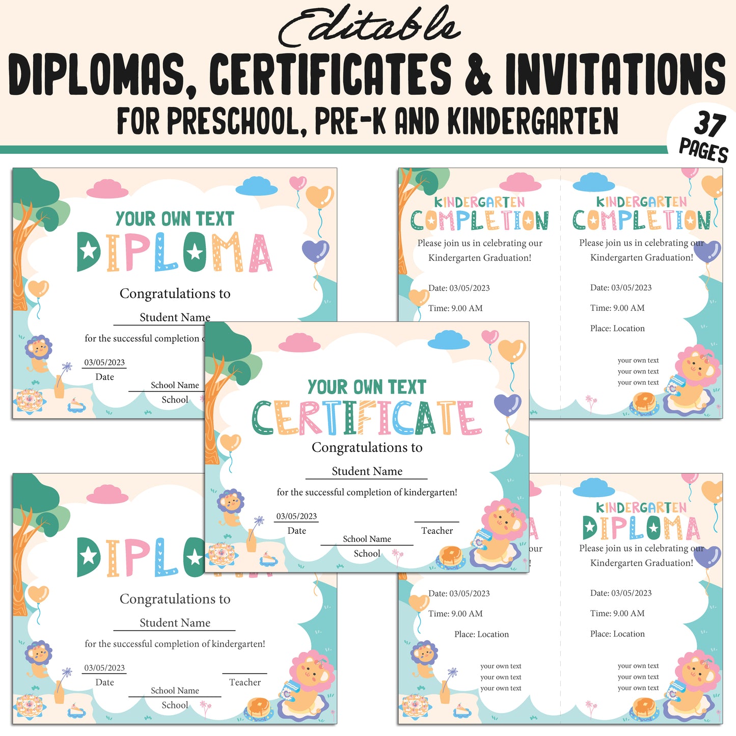 Editable Kindergarten, PreK, Preschool Diplomas, Certificates & Invitations – 37 Customizable PDF Pages, Instant Download