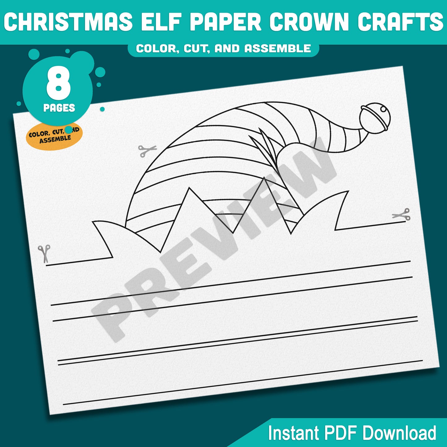 Printable Christmas Elf Paper Crown Crafts, Fun Winter Hat and Headband Activity, Christmas Play Paper Hat to Color, Cut & Assemble, 4 Designs, Pre-color + Black & White, Instant PDF Download
