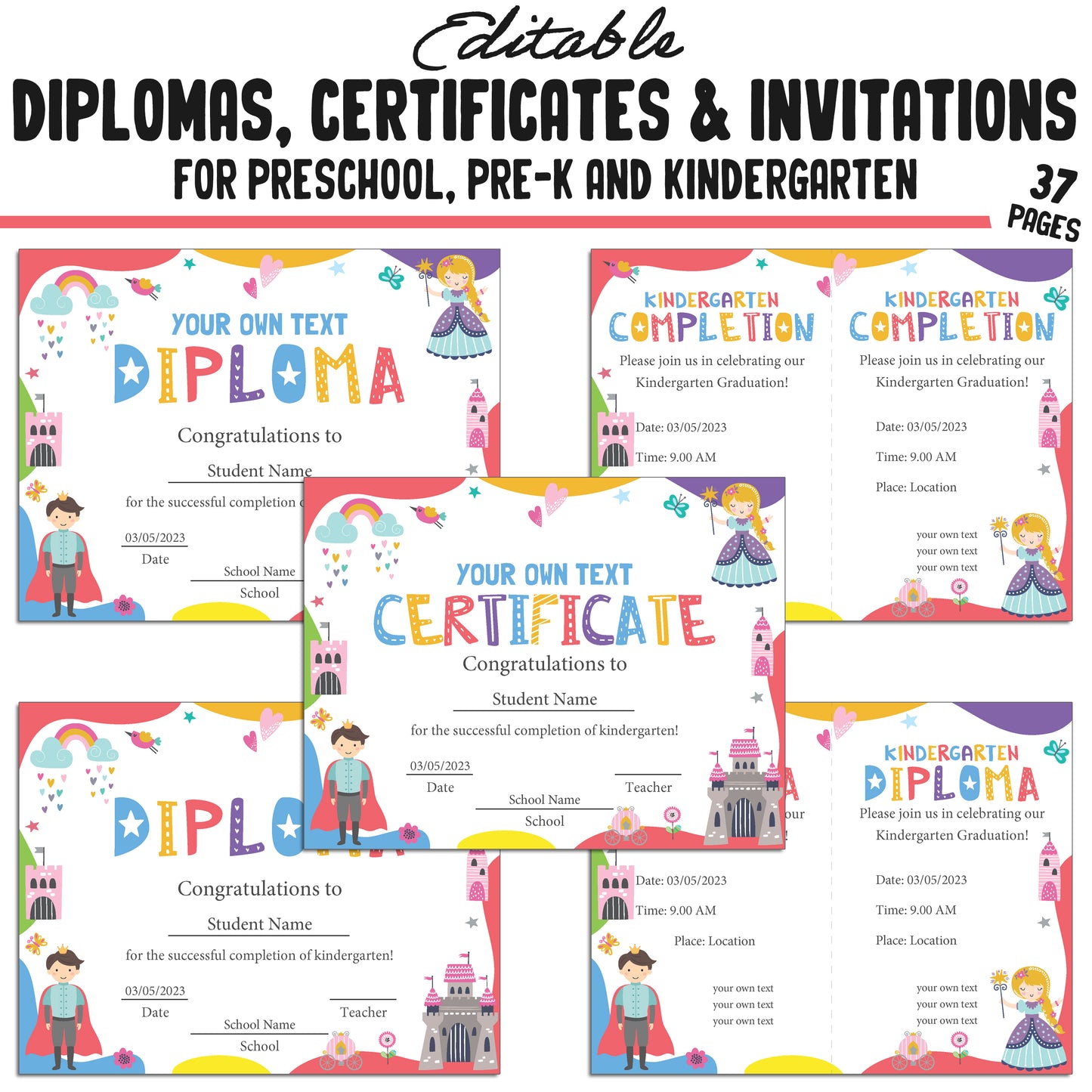 Editable Kindergarten, Pre-K, and Preschool Graduation Invitations, Diplomas, and Certificate Templates – Instant PDF Download!