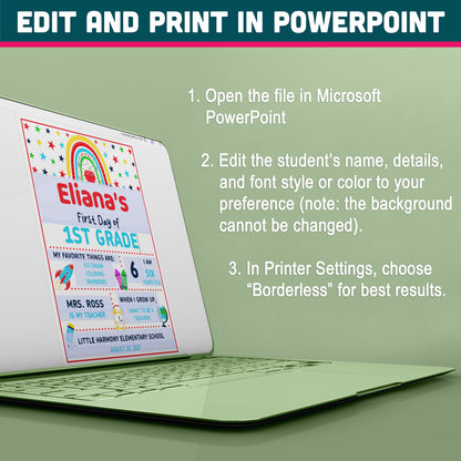 Editable First & Last Day of 1st Grade Sign, Printable Back to School Sign for Kids, PDF and PowerPoint, 16x20" Poster