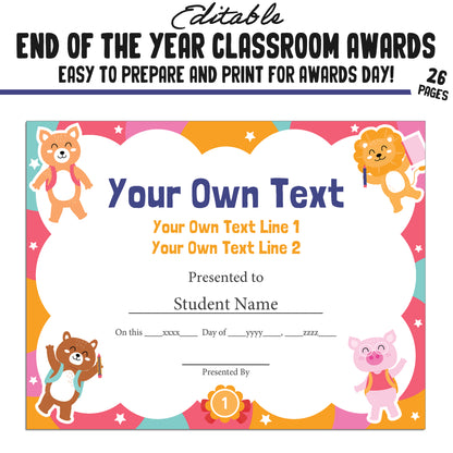 Editable, Creative End-of-Year Class Awards for Students, 26 Pages, PDF, Instant Download – Perfect for Classroom and Student Achievements.