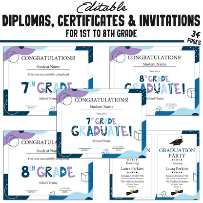 Printable 3rd Grade Diplomas, Editable Certificates for 1st-8th Grades & Invitation Templates in a Modern Design, 34 Pages, Instant Download