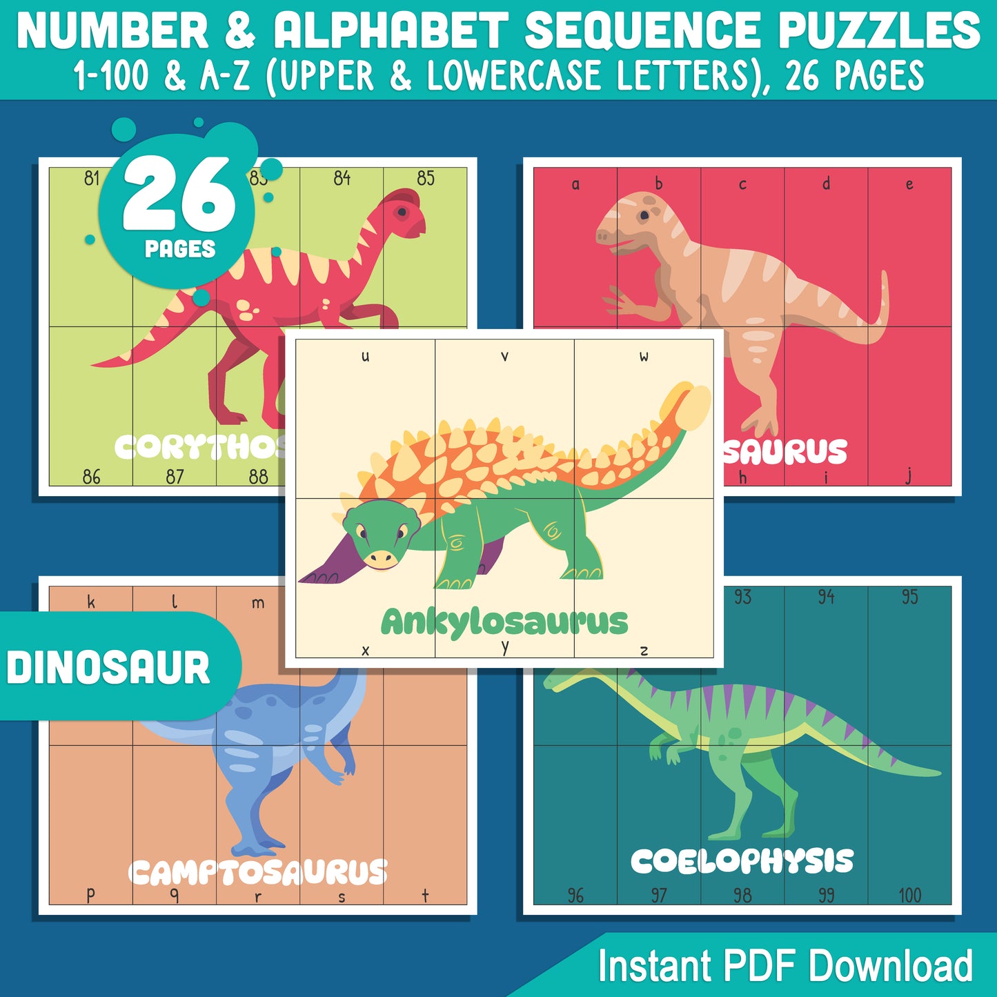 Dinosaur Number and Alphabet Sequence Puzzles: 1-100 Counting and A-Z Sequencing for Toddlers, Preschool, and Kindergarten, Printable PDF for Math Centers