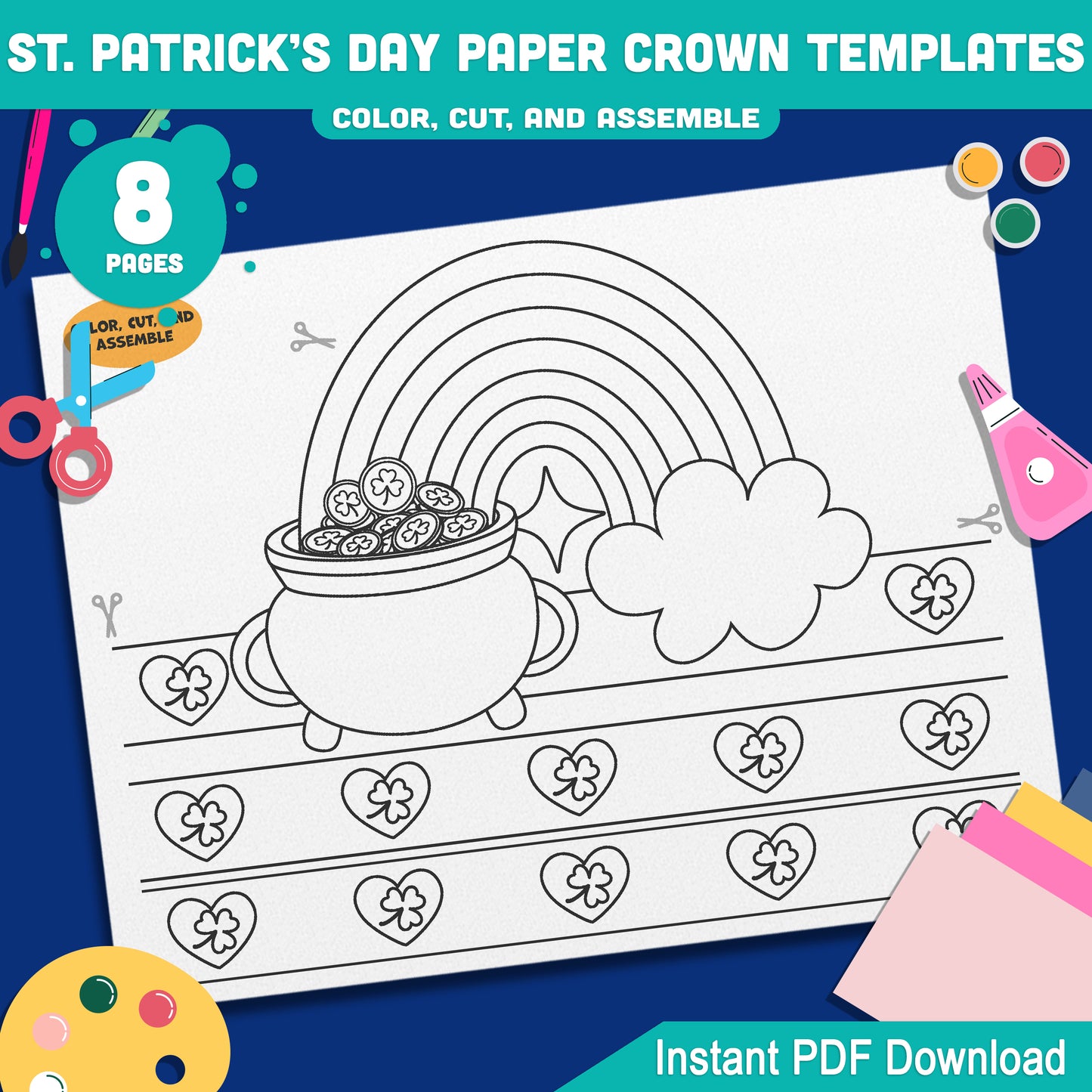St. Patrick’s Day Paper Crown Templates – Wearable Craft for Kids, Lucky Shamrock Headband, Leprechaun Classroom Hat, Pre-color + Black & White