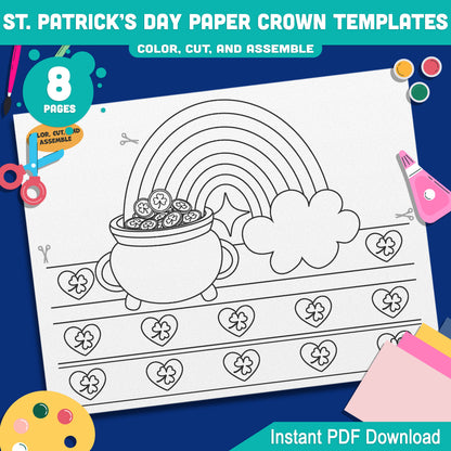 St. Patrick’s Day Paper Crown Templates – Wearable Craft for Kids, Lucky Shamrock Headband, Leprechaun Classroom Hat, Pre-color + Black & White