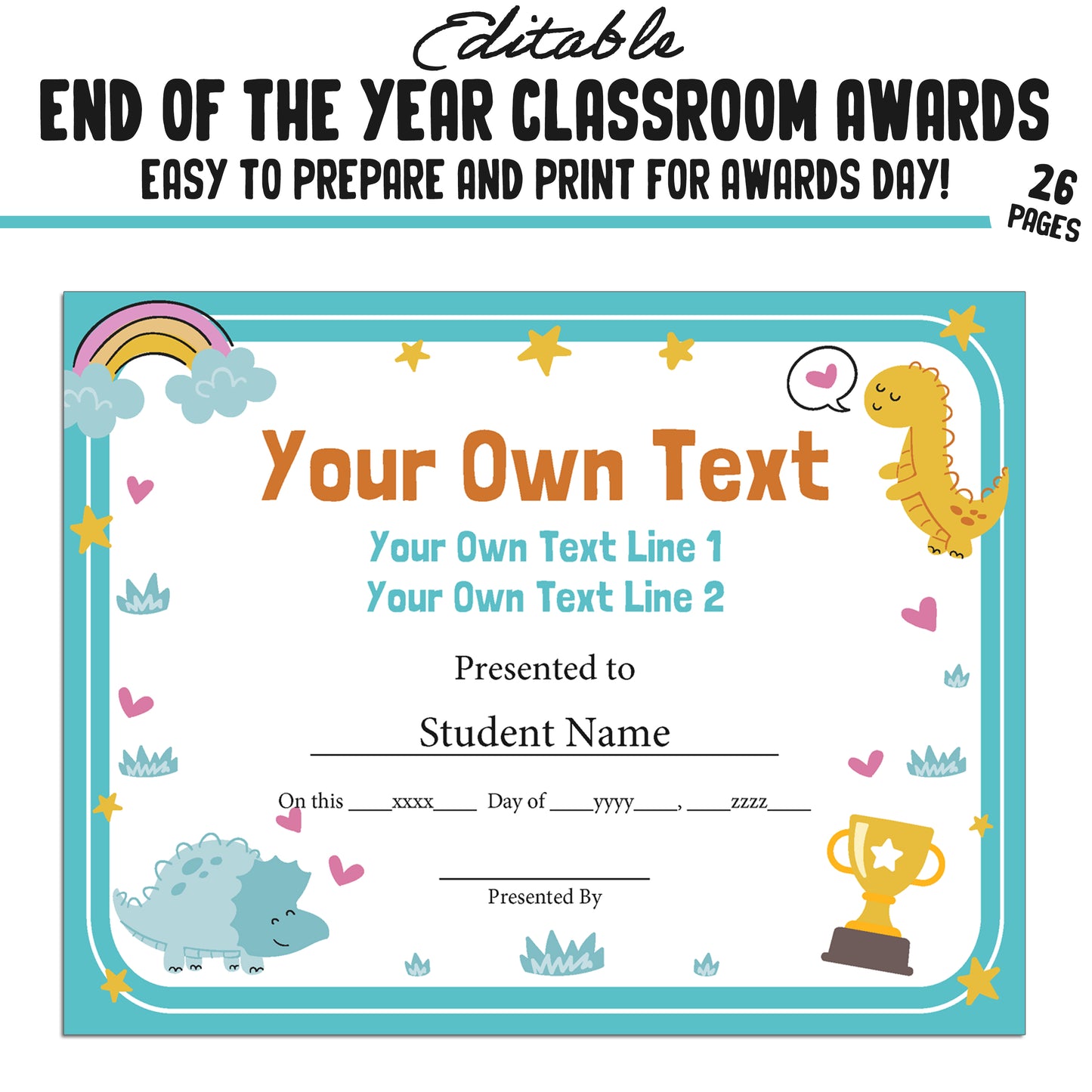 Editable End of Year Class Superlatives Awards Certificates – 26-Page PDF with Adorable Dinosaur Theme – Instant Download