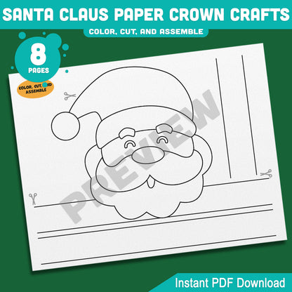Printable Santa Claus Paper Crown Crafts, Christmas Coloring Headband and Hat Activity, Cut, Color & Wear, Perfect for Winter Party Fun, 4 Designs, Pre-color + Black & White, Instant PDF Download