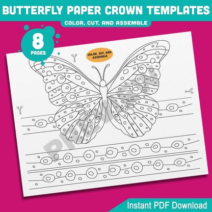 Printable Butterfly Paper Crowns – 4 Adorable Designs for Spring Headband Crafts, Pre-Colored + B&W Versions, 8 Pages for Kids