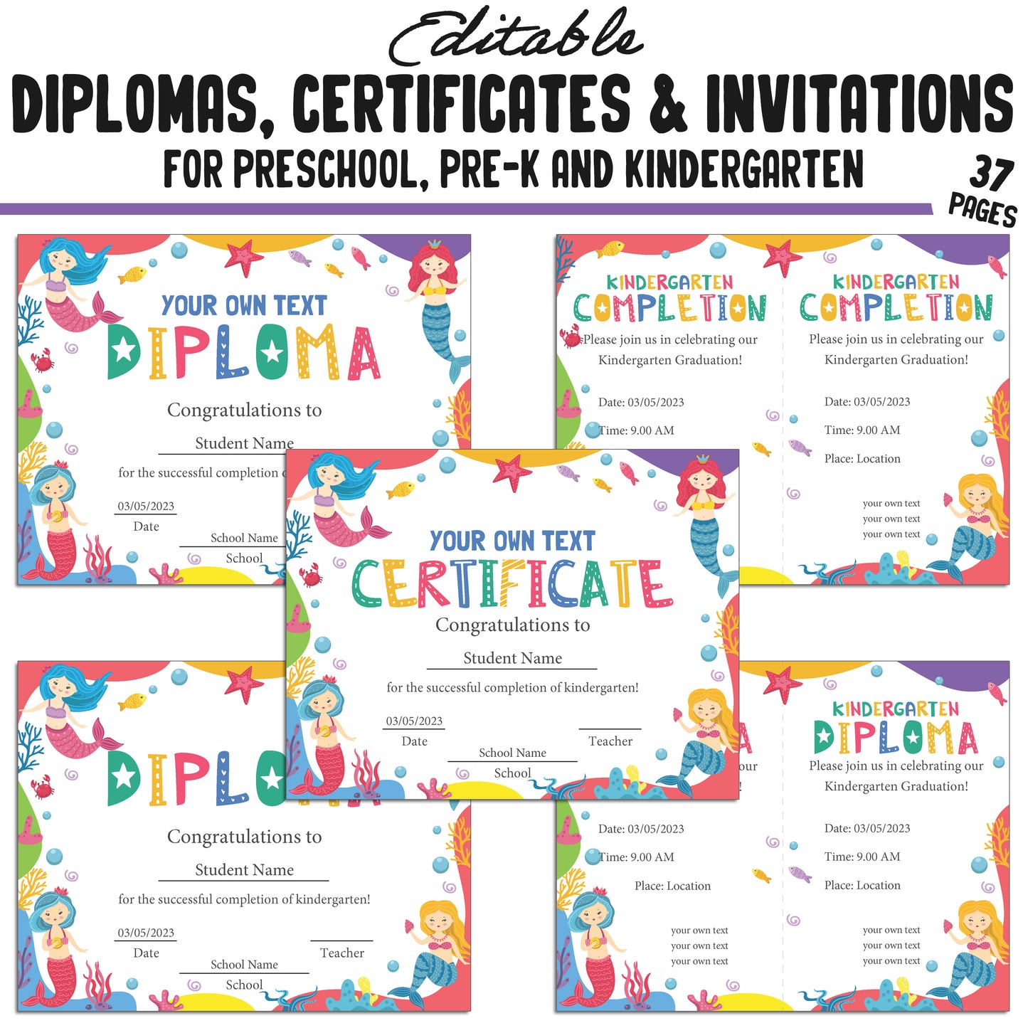 Editable Kindergarten Graduation Invitations, Pre-K and Preschool Completion Certificates, Diplomas, PDF Files, Instant Download