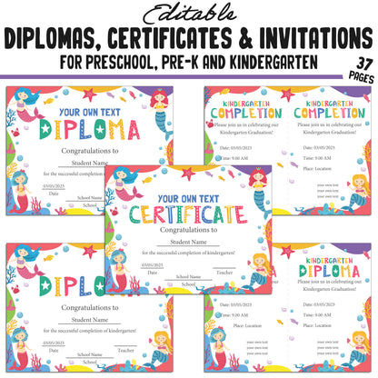 Editable Kindergarten Graduation Invitations, Pre-K and Preschool Completion Certificates, Diplomas, PDF Files, Instant Download