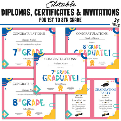 Personalized 1st, Second-8th Grade Achievement Certificates, Diplomas & Invitation Templates in a Flat Modern Theme - PDF Instant Download