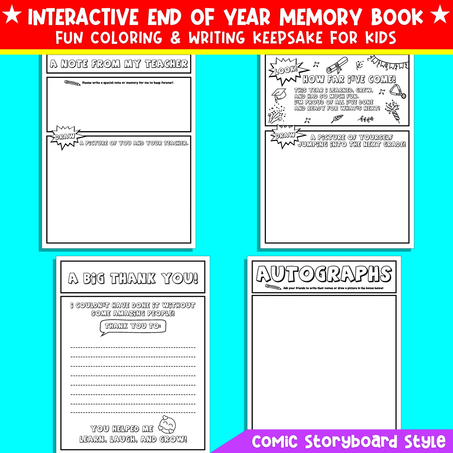 Fourth Grade End of Year Memory Book (4th grade) – Fun Comic-Style Coloring & Writing Keepsake for Kids, 24 Printable Pages