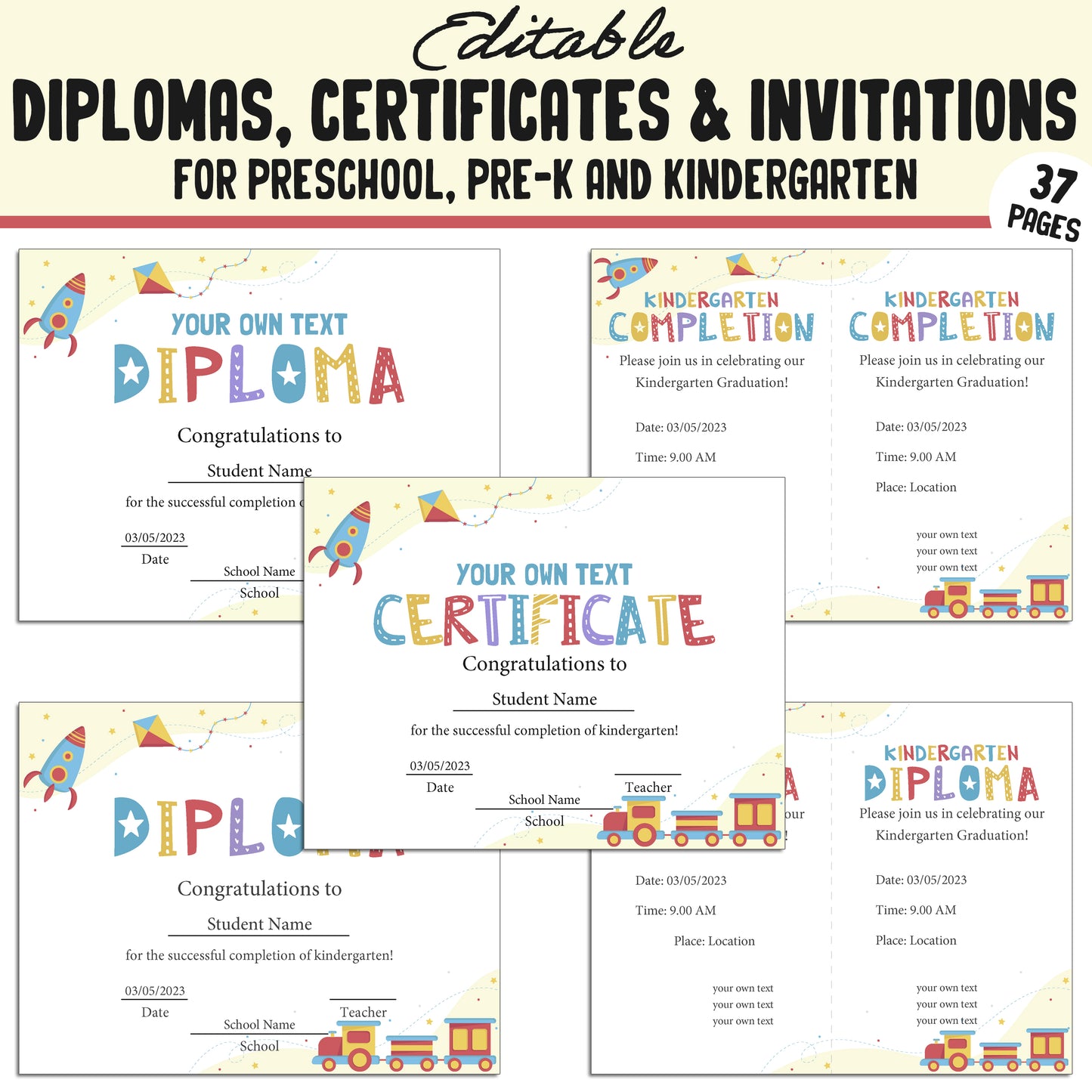 Kindergarten, Preschool, Pre K Certificates, Diplomas, End of the Year & Invitations, 37 Customizable PDF Pages, Instant Download