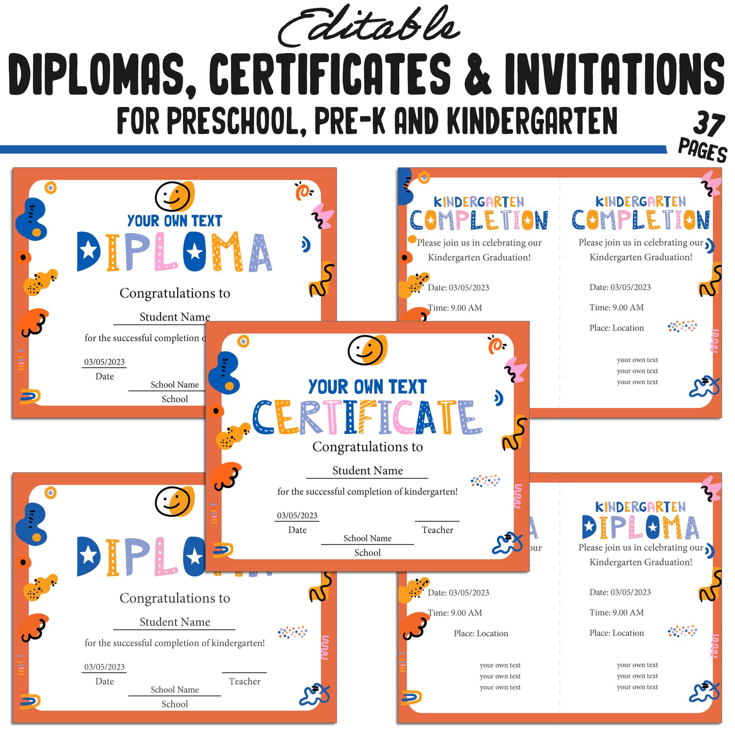 Boost Your Graduation Ceremony with 37 Editable Kindergarten, Pre-K, Preschool Certificates, Diplomas & Invitations, Instant PDF Download!