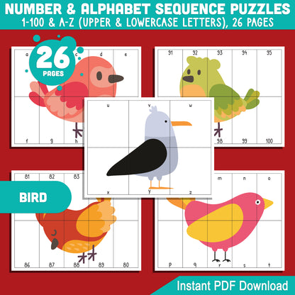 Bird Number and Alphabet Stripe Puzzles: 1-100 Counting and A-Z Sequencing for Toddlers, Preschool, and Kindergarten, Fun for Math Centers, Printable PDF Download