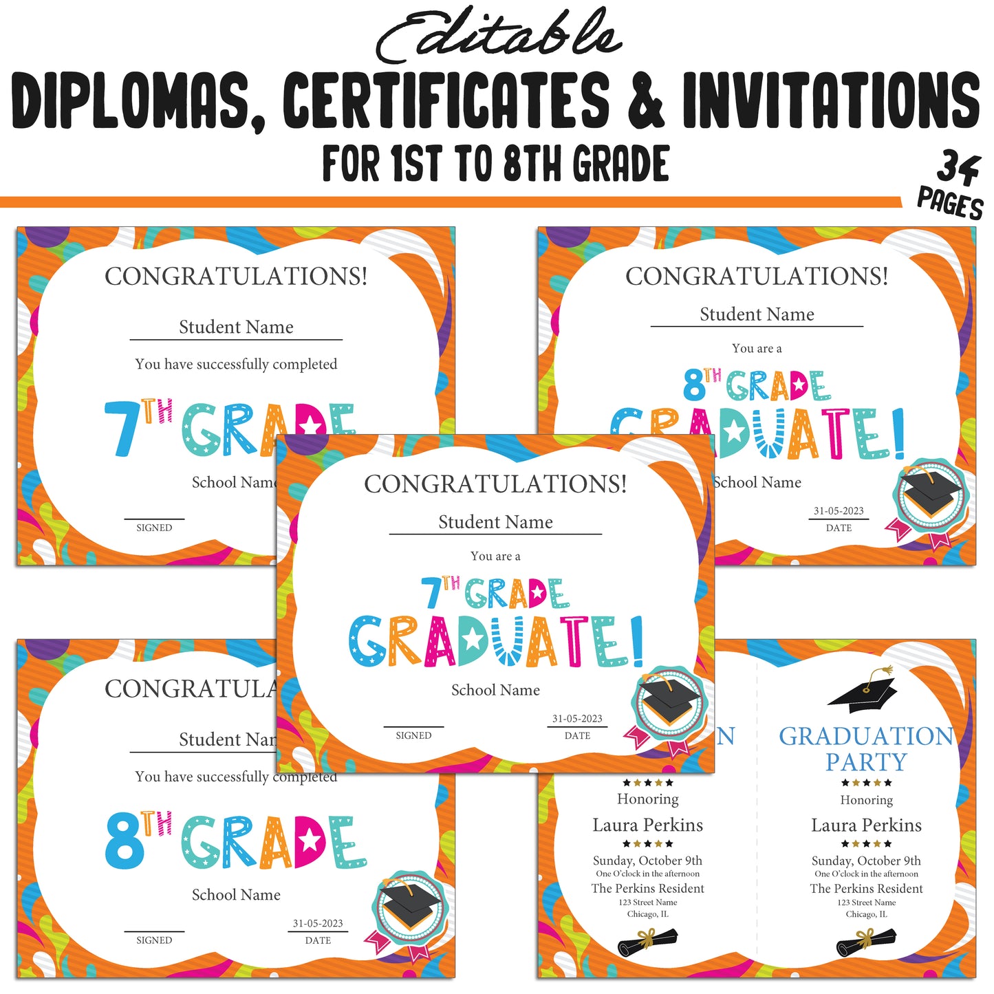 34 Editable 1st-8th Grade Certificates, Diplomas, and Invitation Templates, Orange-Themed, PDF Instant Download