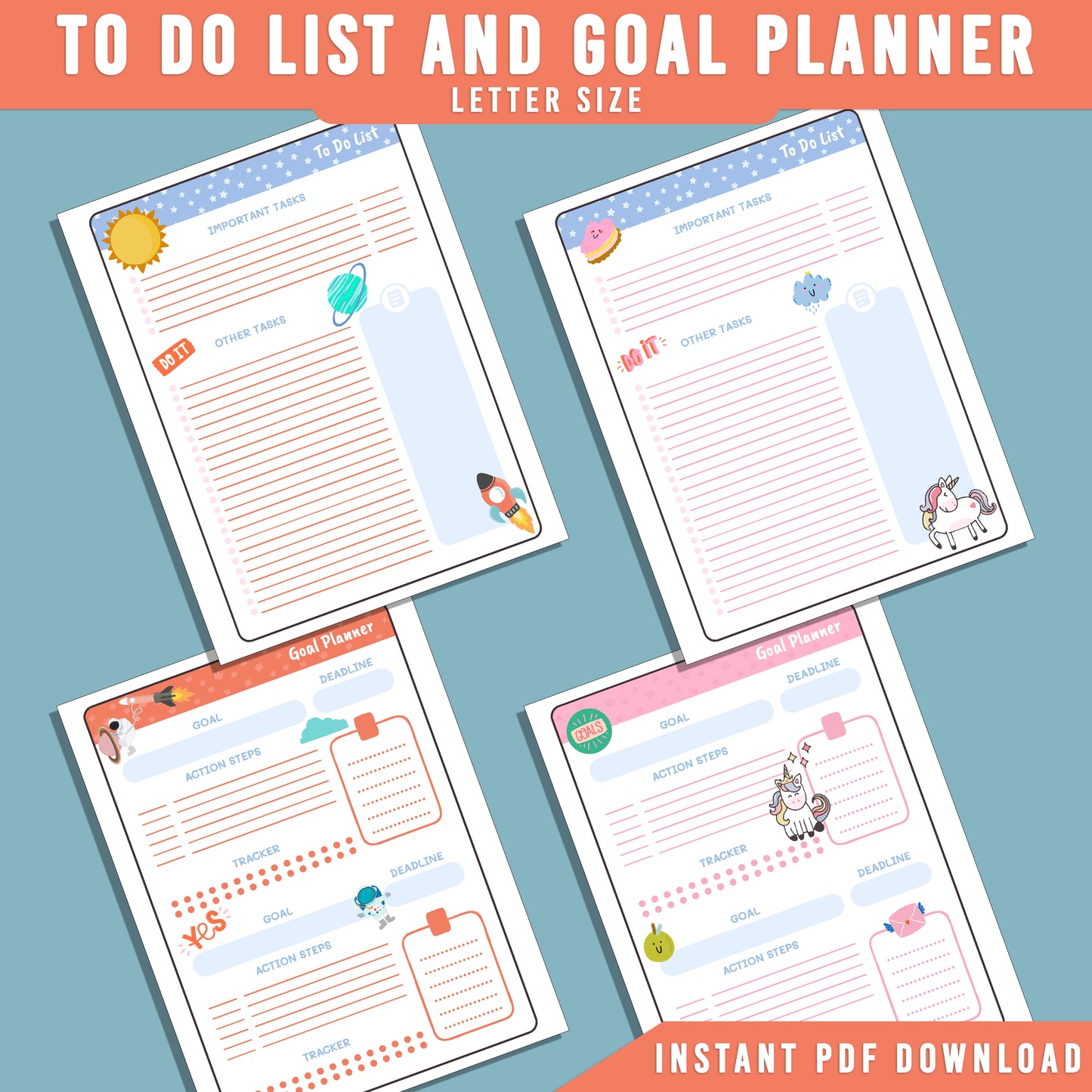 2026 Kids Printable Planner: Fun Goal Tracker, Calendar, To-Do List, Daily/Weekly/Monthly Pages for Boys & Girls, Habit Tracker, PDF Instant Download.