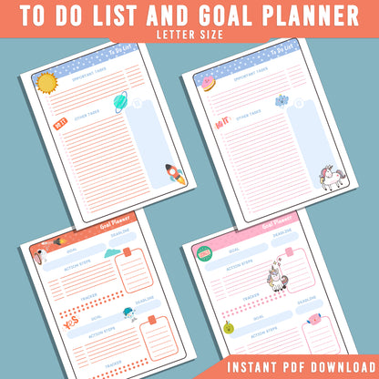 2026 Kids Printable Planner: Fun Goal Tracker, Calendar, To-Do List, Daily/Weekly/Monthly Pages for Boys & Girls, Habit Tracker, PDF Instant Download.