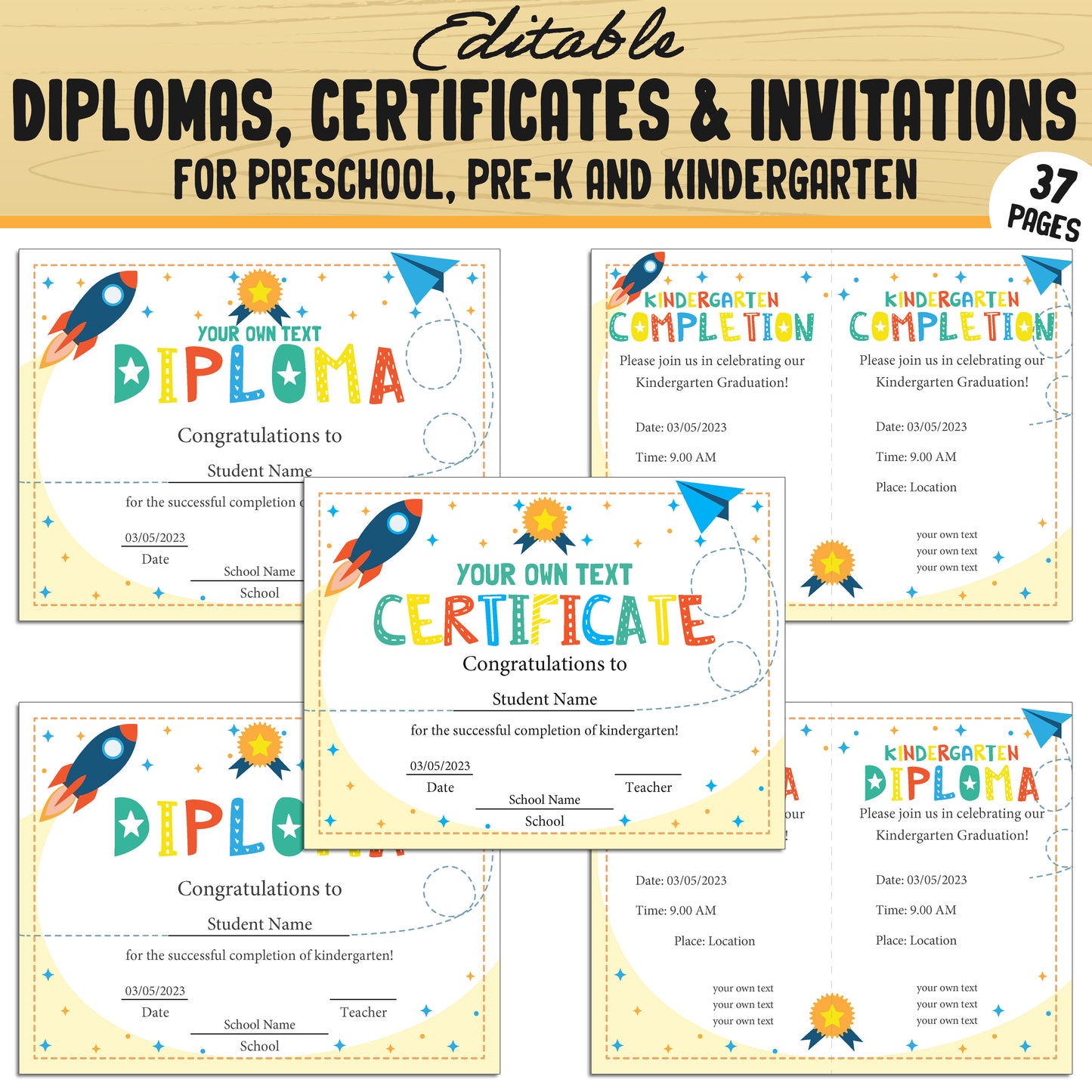 Fun and Editable Preschool, Pre-K, and Kindergarten Diplomas, Certificates, and Invitations – 37 Customizable PDF Pages, Instant Download