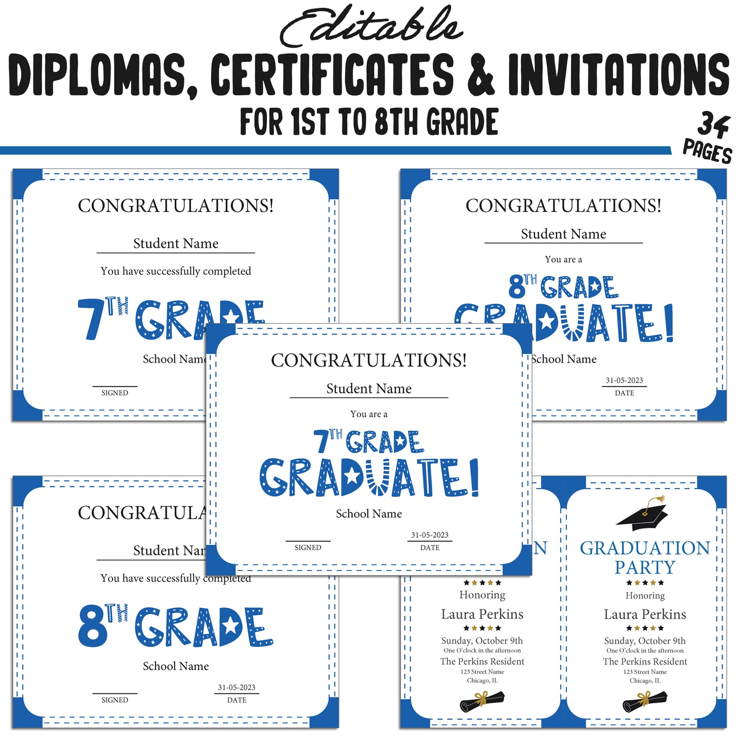 Printable 1st Grade Diplomas, Certificates, and Invitation Templates in a Simple & Modern Blue Theme - PDF Instant Download