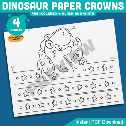 Dinosaur Paper Crowns, Printable Headbands, Color Your Own Paper Hats, Dinosaur Crown Craft, Printable Classroom Activity, US Letter, A4