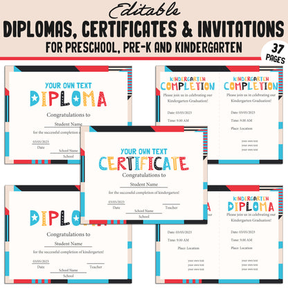 Editable End of the Year Certificates, Diplomas & Invitations for Kindergarten, PreK, Preschool, 37 Customizable PDF Pages, Instant Download