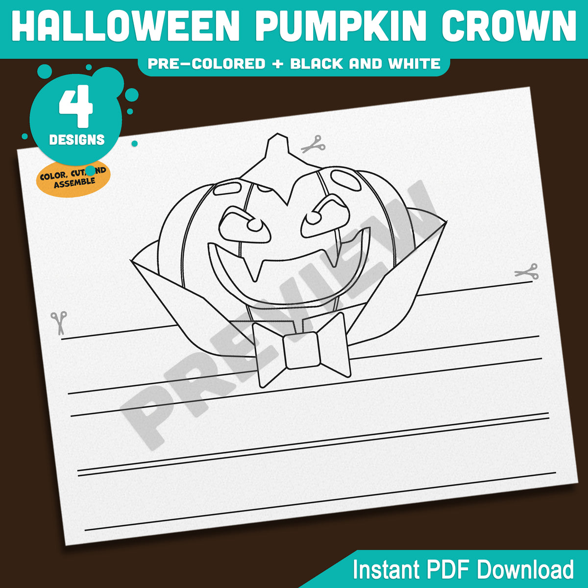 Halloween Pumpkin Crown, Printable Pumpkin Headband, Paper Hat Craft, Pre-Colored and Black & White, 4 Designs, Halloween Activity, A4, US Letter