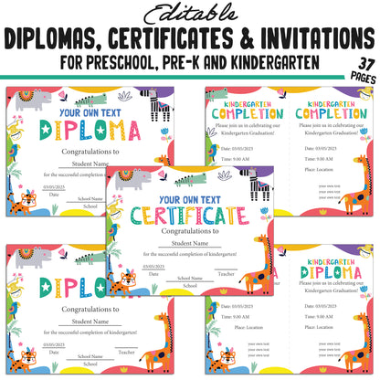 37 Editable Kindergarten, Pre-K, and Preschool Diplomas, Certificates, and Invitations Templates, PDF Files, Instant Download