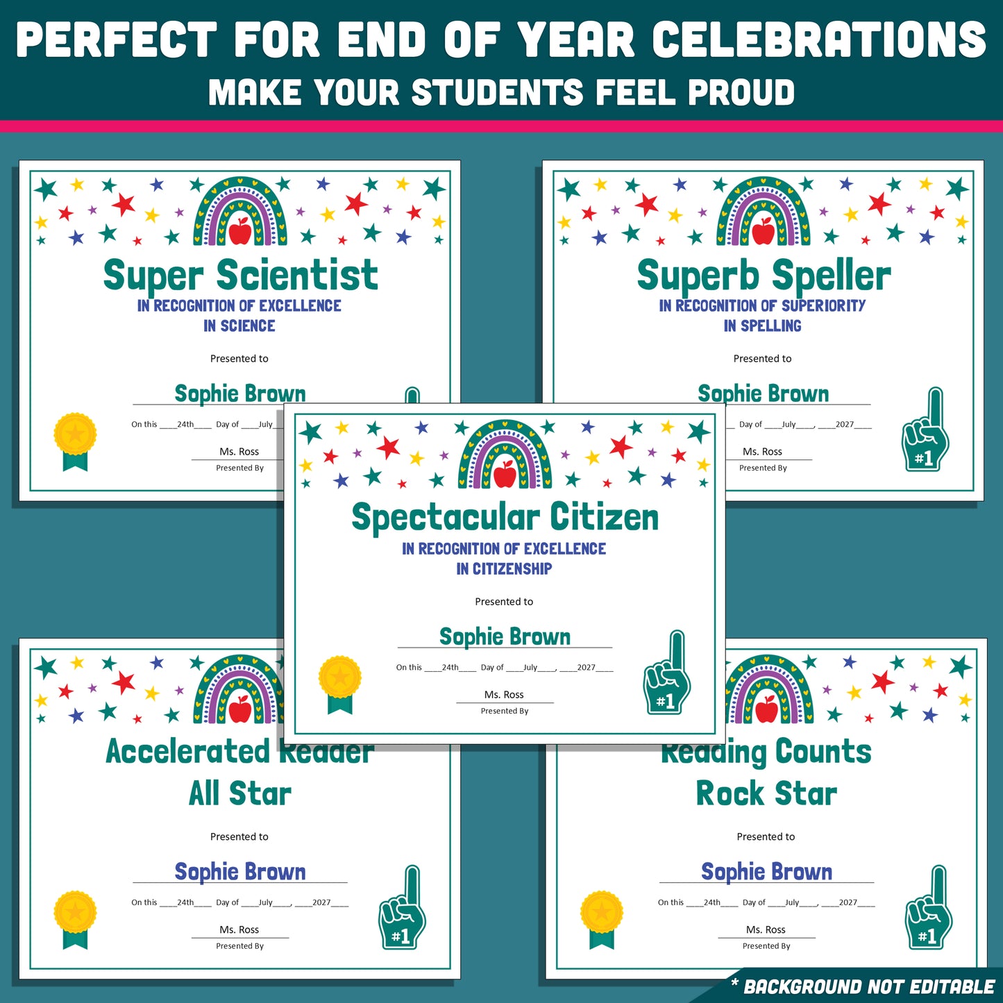 Editable End-of-Year Superlative Awards, Personalized Classroom Honors, Rainbow and Star Themed Certificates, PowerPoint