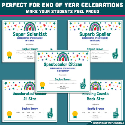 Editable End-of-Year Superlative Awards, Personalized Classroom Honors, Rainbow and Star Themed Certificates, PowerPoint