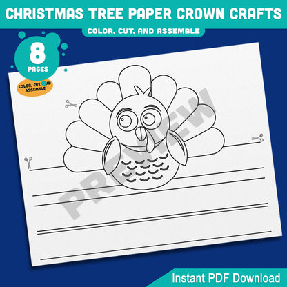 Printable Thanksgiving Turkey Paper Crown Crafts, Fall Coloring Hat & Headband Project for Kids, Autumn Party Hat, 4 Designs, Pre-color + Black & White, PDF Download