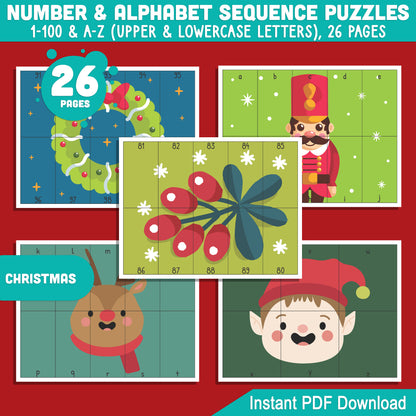 Engaging Christmas Number & Alphabet Sequence Puzzles: 1-100 & A-Z PDF for Toddlers, Preschool, and Kindergarten, Great for Early Math Skills