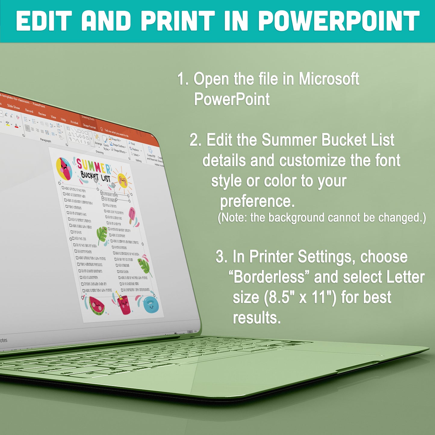 Printable Editable Summer Bucket List for Classroom: Kids' Activity Sheet in PDF & PowerPoint, Black & White and Color, Instant Download